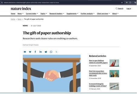 Một bài viết đăng trên Nature Index cho biết, “gift authorship” (ghi tên tác giả dù không có đóng góp thực chất) và “ghost authorship” (người có đóng góp nhưng không được ghi nhận) là vấn đề được cộng đồng khoa học quốc tế quan tâm. Bài viết dẫn một nghiên cứu tại Mỹ với hơn 12.000 nhà nghiên cứu cho thấy khoảng một phần ba số người tham gia khảo sát cho biết từng thêm “tác giả danh nghĩa” vào công bố khoa học.