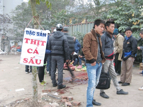 Tấm biển "Đặc sản thịt cá sấu" lại thu hút nhiều người đàn ông, thanh niên tò mò đứng xem, rồi mua thịt làm tắc cả một đoạn đường. Tấm biển "Đặc sản thịt cá sấu" lại thu hút nhiều người đàn ông, thanh niên tò mò đứng xem, rồi mua thịt làm tắc cả một đoạn đường.