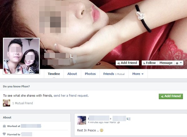 Trang Facebook cá nhân của cô gái xấu số. Trang Facebook cá nhân của cô gái xấu số.