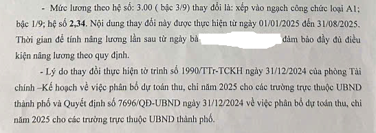 Nội dung việc điều chỉnh hệ số lương đối với giáo viên hợp đồng tại thành phố Phan Thiết. Vì lý do bảo mật thông tin cho độc giả, phóng viên chụp lại một phần nội dung bản phụ lục hợp đồng. Ảnh: Độc giả cung cấp a-1-6742-374.png