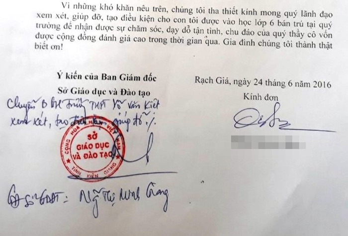 Đơn "chạy" trường của Đại biểu Quốc hội tỉnh Kiên Giang gửi cho Giám đốc Sở Giáo dục và Đào tạo. (Ảnh: H.L) Đơn "chạy" trường của Đại biểu Quốc hội tỉnh Kiên Giang gửi cho Giám đốc Sở Giáo dục và Đào tạo. (Ảnh: H.L)
