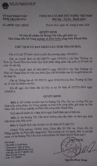 Quyết định bổ nhiệm bà Hoàng Thị Yến, từ Chi cục Trưởng chi cục Phát triển nông thôn lên giữ chức Phó giám đốc Sở. Quyết định bổ nhiệm bà Hoàng Thị Yến, từ Chi cục Trưởng chi cục Phát triển nông thôn lên giữ chức Phó giám đốc Sở.