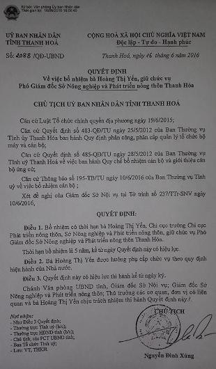Quyết định bổ nhiệm bà Hoàng Thị Yến, từ Chi cục Trưởng chi cục Phát triển nông thôn lên giữ chức Phó giám đốc Sở. Quyết định bổ nhiệm bà Hoàng Thị Yến, từ Chi cục Trưởng chi cục Phát triển nông thôn lên giữ chức Phó giám đốc Sở.