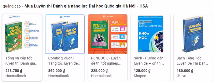 Ngoài các khóa học, trên thị trường hiện nay cũng bán tràn lan rất nhiều các đầu sách ôn luyện thi đánh giá năng lực, đánh giá tư duy. Ảnh chụp màn hình