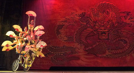 Một nhóm biểu diễn nhào lộn trên một chiếc xe đạp tại buổi biểu diễn mừng năm mới ở Bắc Kinh. Một nhóm biểu diễn nhào lộn trên một chiếc xe đạp tại buổi biểu diễn mừng năm mới ở Bắc Kinh.