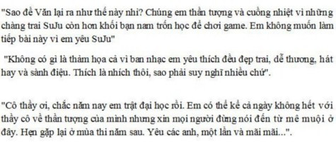 Chấm bài thi nghị luận về "mê muội thần tượng", nhóm giáo viên ở miền Trung cho biết, rất nhiều thí sinh bộc lộ tình yêu vô bờ bến với các ban nhạc, diễn viên Hàn Quốc và sẵn sàng bỏ giấy trắng vì không dám động đến thần tượng của mình >> ĐIỂM DANH NHỮNG THỦ KHOA ĐẠI HỌC 2012 >> CƯỜI ĐAU BỤNG, TỨC NỔ MẮT VỚI SÁCH IN LẬU (P2) Chấm bài thi nghị luận về "mê muội thần tượng", nhóm giáo viên ở miền Trung cho biết, rất nhiều thí sinh bộc lộ tình yêu vô bờ bến với các ban nhạc, diễn viên Hàn Quốc và sẵn sàng bỏ giấy trắng vì không dám động đến thần tượng của mình >> ĐIỂM DANH NHỮNG THỦ KHOA ĐẠI HỌC 2012 >> CƯỜI ĐAU BỤNG, TỨC NỔ MẮT VỚI SÁCH IN LẬU (P2)