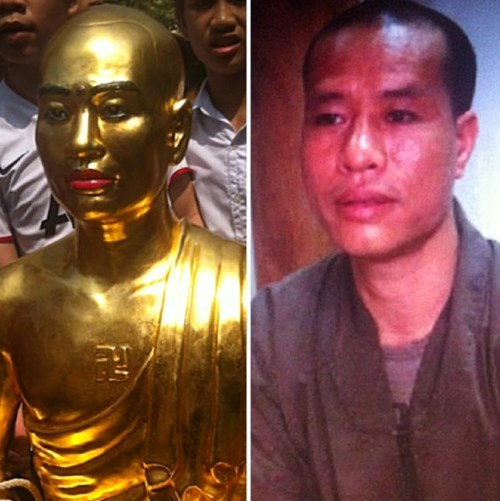 Nhiều điểm rất giống nhau giữa ảnh trụ trì Thích Minh Phượng và bức tượng. Nhiều điểm rất giống nhau giữa ảnh trụ trì Thích Minh Phượng và bức tượng.