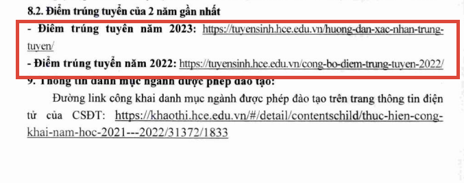Mục 8.2 trong Đề án tuyển sinh năm 2024 của Trường Đại học Kinh tế - Đại học Huế. Ảnh chụp màn hình điểm trúng tuyển.png