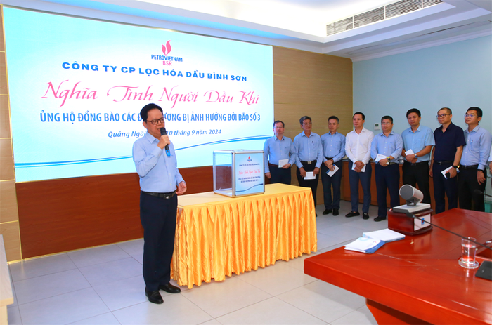 Chủ tịch Hội đồng quản trị BSR - ông Nguyễn Văn Hội phát biểu chia sẻ tại lễ phát động ủng hộ đồng bào bị ảnh hưởng bởi cơn bão số 3. Ảnh: BTC TIN.jpeg