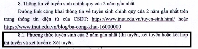 Mục 8.1 Trường Đại học Kỹ thuật Công nghiệp, Đại học Thái Nguyên chỉ nêu nội dung chung là xét tuyển. Ảnh chụp màn hình tại Đề án Ảnh chụp Màn hình 2024-07-06 lúc 17.58.20.png