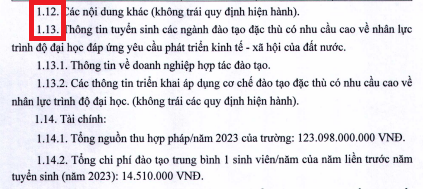 Một số mục trong Đề án tuyển sinh của Trường Đại học Kỹ thuật Công nghiệp, Đại học Thái Nguyên không có thông tin theo đúng quy định tại Thông tư 08. Ảnh chụp màn hình. 1.12.png