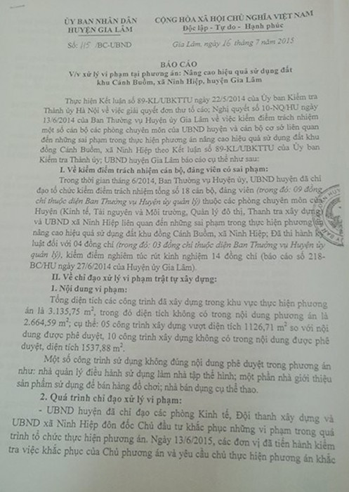 Ngày 16/7/2015, UBND huyện Gia Lâm có Công văn số 115/BC-UBND báo cáo về việc xử lý vi phạm tại Dự án Cánh buồm xanh. Ngày 16/7/2015, UBND huyện Gia Lâm có Công văn số 115/BC-UBND báo cáo về việc xử lý vi phạm tại Dự án Cánh buồm xanh.