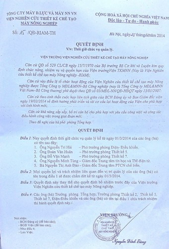 05 lãnh đạo cấp phòng, trung tâm của Viện RIAM bị cách chức chỉ bằng 1 quyết định và theo đề nghị của bà Phó Phòng Tổng hợp (?!). 05 lãnh đạo cấp phòng, trung tâm của Viện RIAM bị cách chức chỉ bằng 1 quyết định và theo đề nghị của bà Phó Phòng Tổng hợp (?!).
