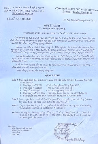 05 lãnh đạo cấp phòng, trung tâm của Viện RIAM bị cách chức chỉ bằng 1 quyết định và theo đề nghị của bà Phó Phòng Tổng hợp (?!).