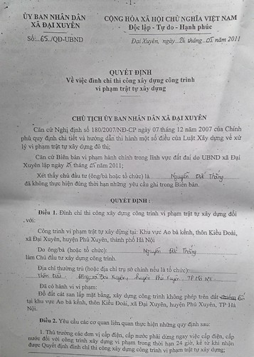 Quyết định đình chỉ thi công công trình vi phạm trật tự xây dựng đối công trình nhà ông Nguyễn Đức Thắng Quyết định đình chỉ thi công công trình vi phạm trật tự xây dựng đối công trình nhà ông Nguyễn Đức Thắng