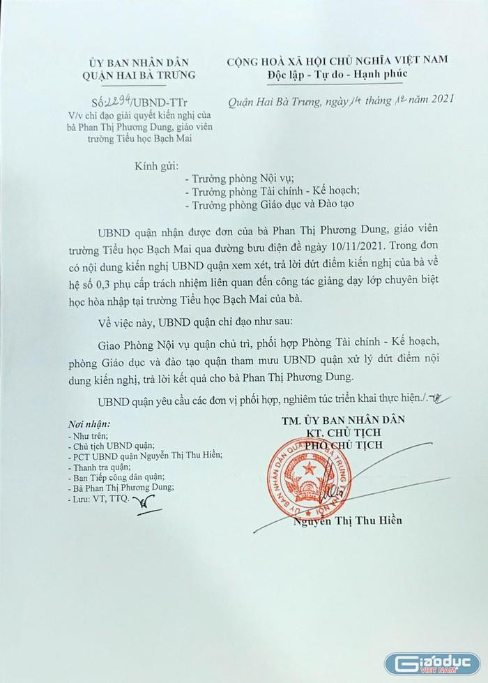 Văn bản chỉ đạo của Ủy ban nhân dân quận Hai Bà Trưng – Hà Nội. Ảnh: Tùng Lê