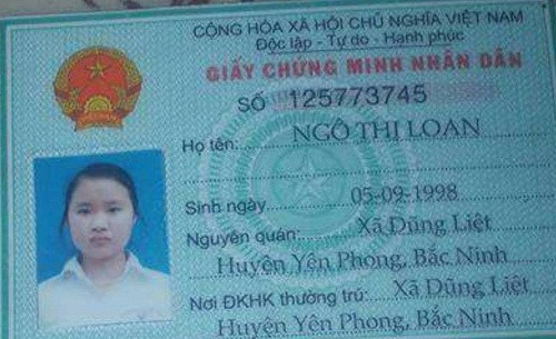 Ảnh chụp CMND em Ngô Thị Loan (Ảnh do gia đình cung cấp) Ảnh chụp CMND em Ngô Thị Loan (Ảnh do gia đình cung cấp)