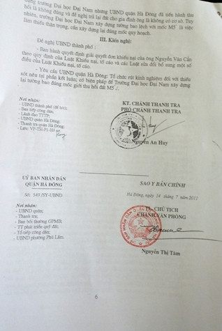 Một trong nhiều kết luận thanh tra của Thanh tra thành phố Hà Nội. Ảnh: Duy Phong Một trong nhiều kết luận thanh tra của Thanh tra thành phố Hà Nội. Ảnh: Duy Phong