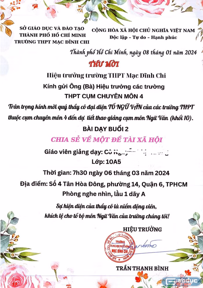 Thư mời dự giờ của trường trung học phổ thông Mạc Đĩnh Chi, thành viên cụm chuyên môn 4 (ảnh: V.D)