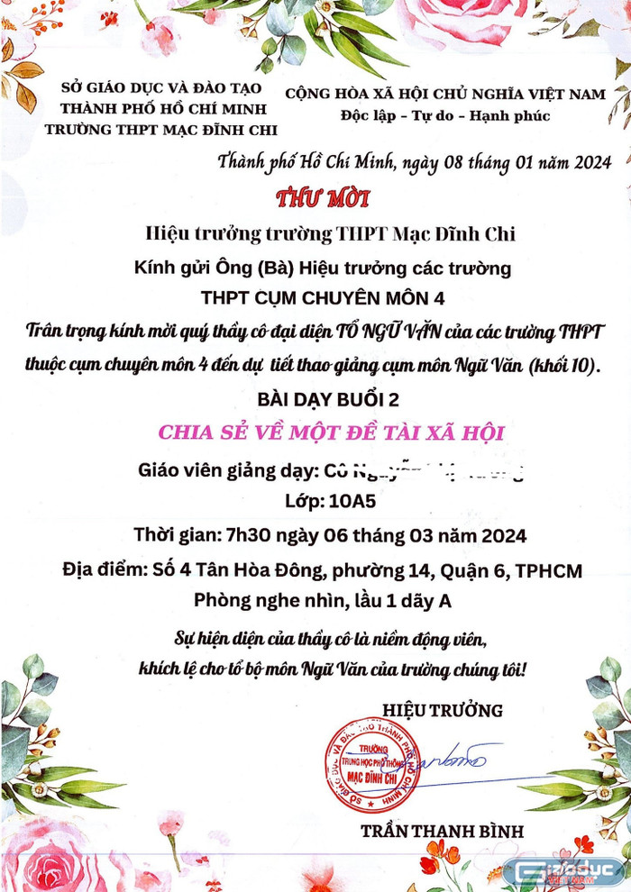 Thư mời dự giờ của trường trung học phổ thông Mạc Đĩnh Chi, thành viên cụm chuyên môn 4 (ảnh: V.D)