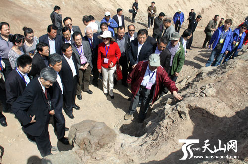 Các nhà khoa học và báo chí tham quan nơi phát hiện hóa thạch