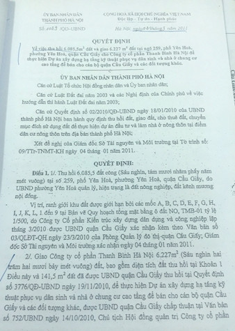 Quyết định thu hồi hơn 6 ngàn mét vuông đất của UBND TP.Hà Nội và giao cho Công ty CP Thanh Bình.