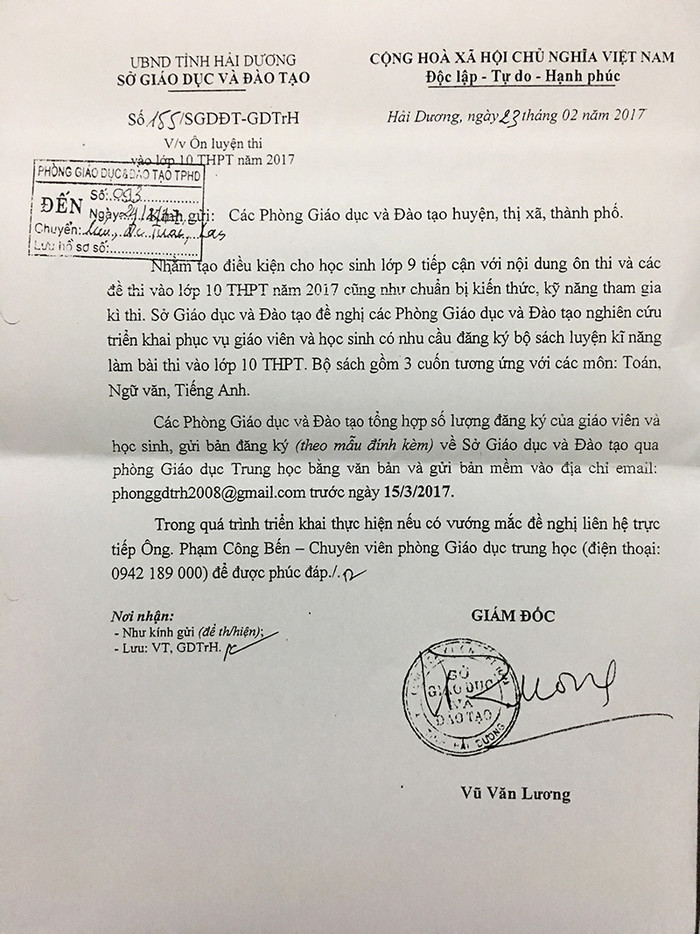 Văn bản Sở Giáo dục và Đào tạo tỉnh Hải Dương hướng dẫn các địa phương triển khai phát hành sách kỹ năng làm bài thi Văn bản Sở Giáo dục và Đào tạo tỉnh Hải Dương hướng dẫn các địa phương triển khai phát hành sách kỹ năng làm bài thi
