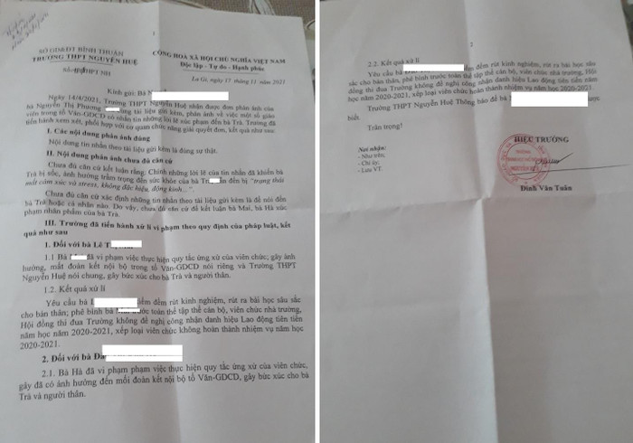 Kết quả xử lý của trường Trung học phổ thông Nguyễn Huệ. Ảnh Gia đình cung cấp Kết quả xử lý của trường Trung học phổ thông Nguyễn Huệ. Ảnh Gia đình cung cấp