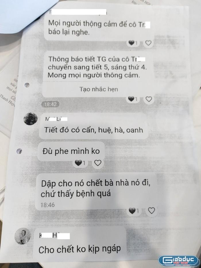Nội dung tin nhắn của các giáo viên cùng một trường. Ảnh chụp lại màn hình tin nhắn do gia đình cung cấp Nội dung tin nhắn của các giáo viên cùng một trường. Ảnh chụp lại màn hình tin nhắn do gia đình cung cấp