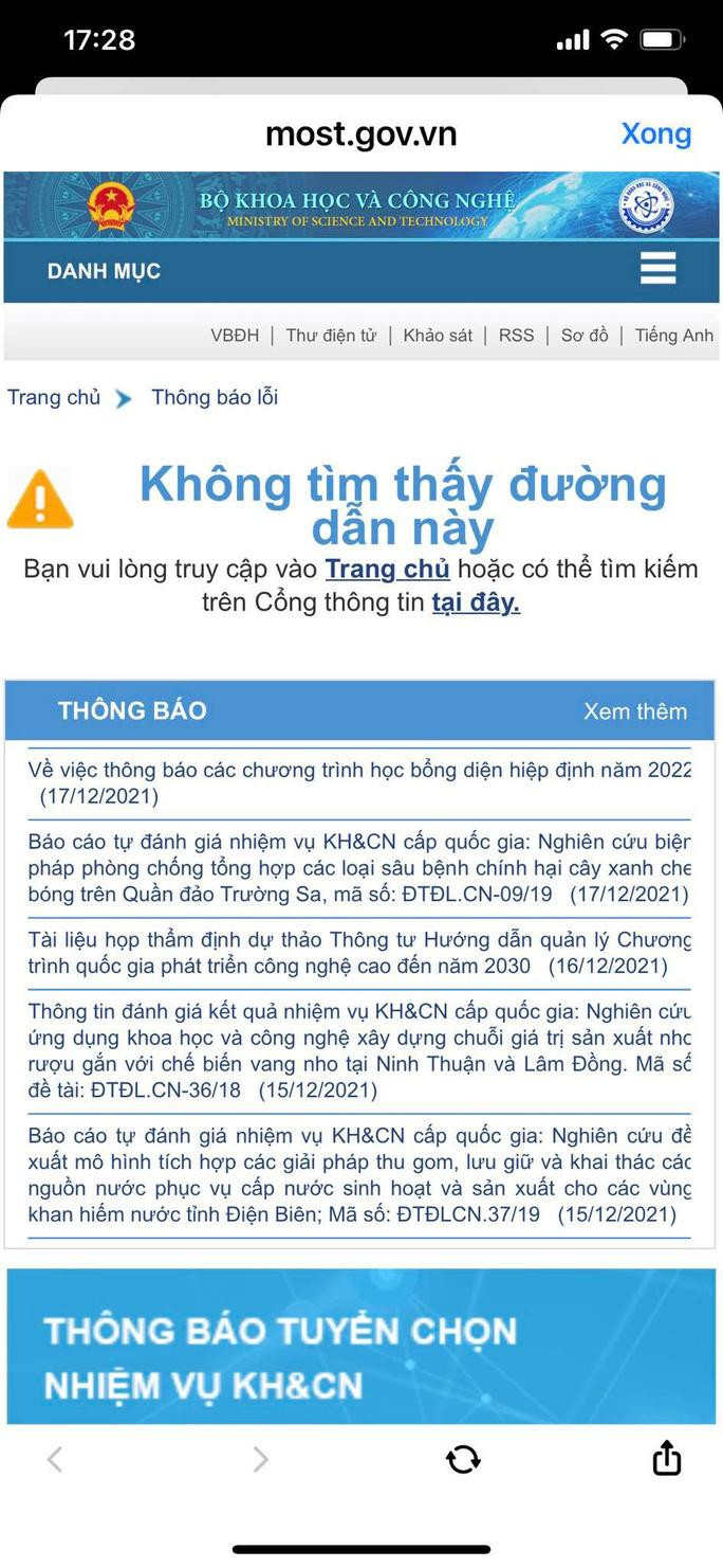 Không tim thấy thông tin trên website của Bộ Khoa học và Công nghệ. Ảnh chup màn hình