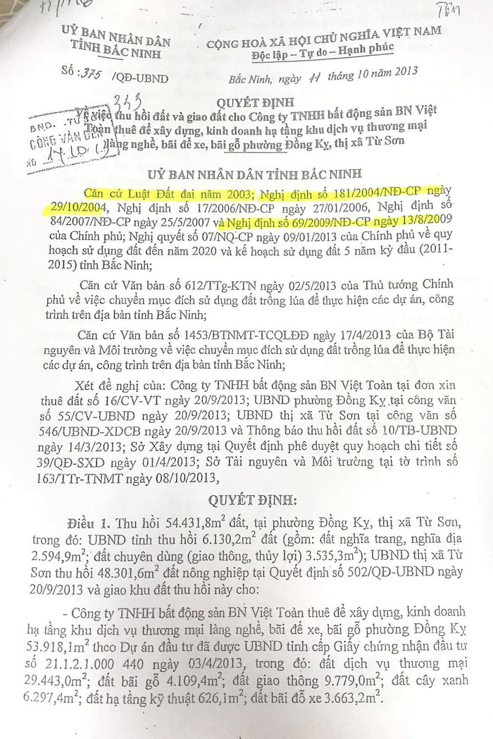 ỦY ban nhân dân thị xã lại ban hành quyết định thu hồi đất trước khi có quyết định của Ủy ban nhân dân tỉnh là trái với quy định tại khoản 6, Điều 130, Nghị định 181.