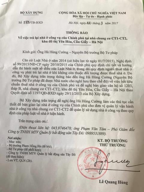 Công văn đòi lại nhà công vụ của Bộ Xây dựng. Công văn đòi lại nhà công vụ của Bộ Xây dựng.