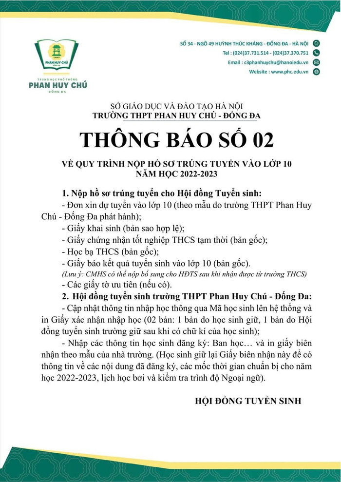 Thông báo của Trường Trung học phổ thông Phan Huy Chú về quy trình nộp hồ sơ trúng tuyển vào lớp 10. (Ảnh: Trường Trung học phổ thông Phan Huy Chú)