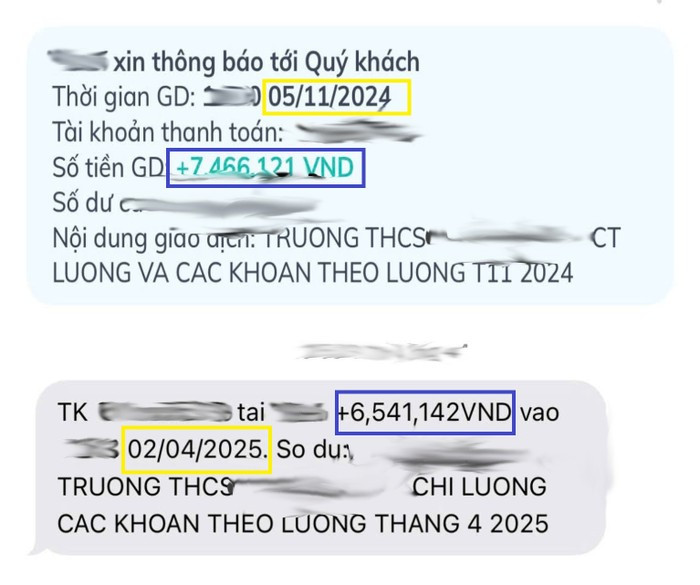 Lương của một giáo viên hợp đồng tại thành phố Phan Thiết nhận được qua tài khoản cho thấy, mức lương của 1 tháng năm 2025 bị sụt giảm so với năm 2024. Ảnh: Độc giả cung cấp tp-phan-thiet-1-754-1262.jpg