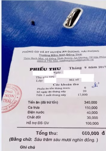 Phiếu thu của trường Mầm non Đồng Thái (Ảnh: phụ huynh học sinh cung cấp) Phiếu thu của trường Mầm non Đồng Thái (Ảnh: phụ huynh học sinh cung cấp)