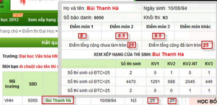 Tổng điểm ba môn của cô là 25 điểm