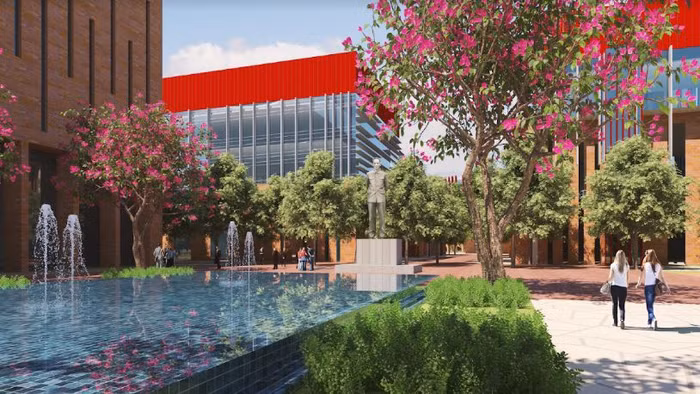 Hình ảnh đồ họa công viên mang tên cố Thủ tướng Phạm Văn Đồng trong ngôi trường đại học mang tên ông tại Quảng Ngãi, do Nguyễn Hoàng Group xây dựng và trình bày trước lãnh đạo tỉnh. Ảnh: NHG.