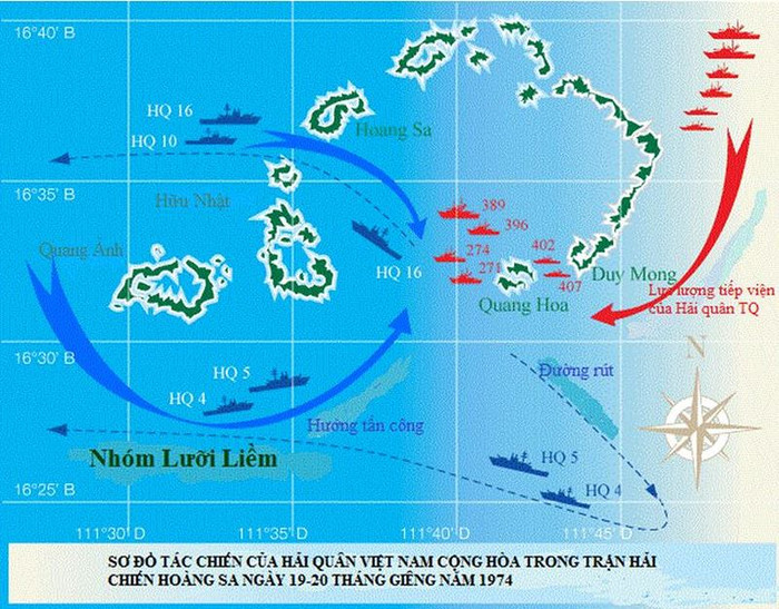 Sơ đồ tác chiến của Hải quân Việt Nam Cộng hòa trong trận hải chiến Hoàng Sa ngày 19-20 tháng Giêng năm 1974, ảnh do Tiến sĩ Trần Công Trục cung cấp. Sơ đồ tác chiến của Hải quân Việt Nam Cộng hòa trong trận hải chiến Hoàng Sa ngày 19-20 tháng Giêng năm 1974, ảnh do Tiến sĩ Trần Công Trục cung cấp.
