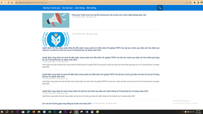 Tính đến 9 giờ 24 phút ngày 27/7, trên trang website chính thức của Trường Đại học Sư phạm - Đại học Thái Nguyên vẫn chưa cập nhật thông báo điểm sàn xét tuyển theo phương thức xét tuyển dựa trên điểm thi tốt nghiệp trung học phổ thông. Ảnh chụp màn hình