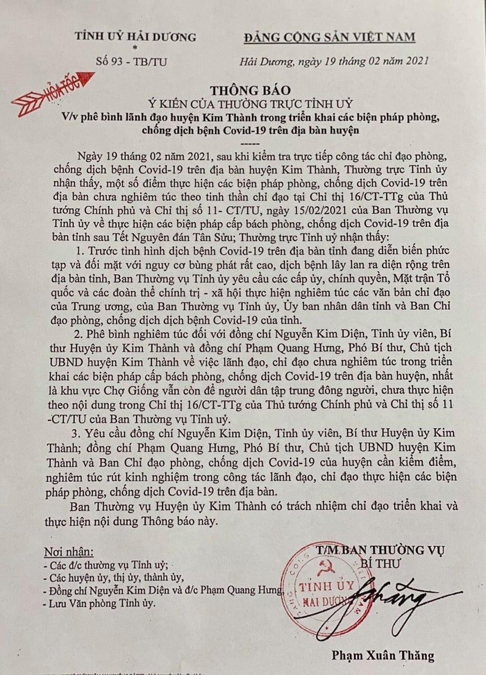Thông báo của Tỉnh ủy Hải Dương.