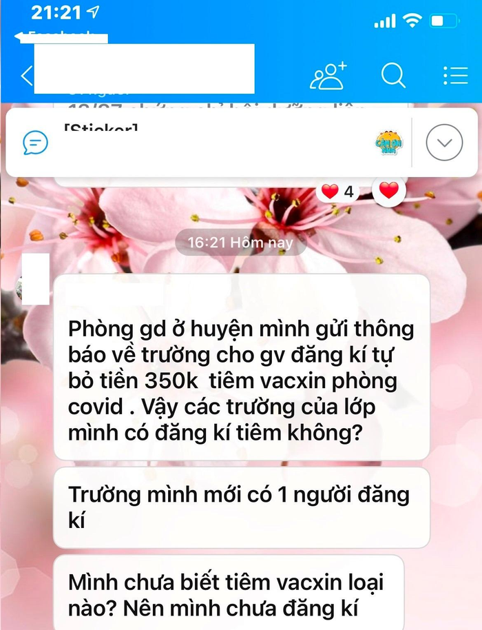 Tin nhắn của giáo viên công tác tại huyện Thanh Trì hỏi thắc mắc về số tiền 350.000 đồng để tiêm vắc - xin Covid-19. Ảnh chụp màn hình. Tin nhắn của giáo viên công tác tại huyện Thanh Trì hỏi thắc mắc về số tiền 350.000 đồng để tiêm vắc - xin Covid-19. Ảnh chụp màn hình.