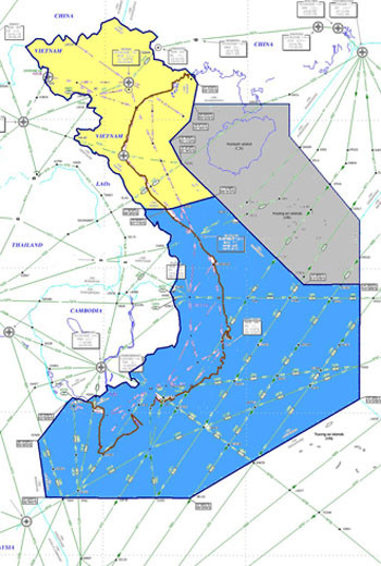Vùng thông báo bay (FIR) Hồ Chí Minh (màu xanh), ảnh: Báo Công an Nhân dân. Vùng thông báo bay (FIR) Hồ Chí Minh (màu xanh), ảnh: Báo Công an Nhân dân.