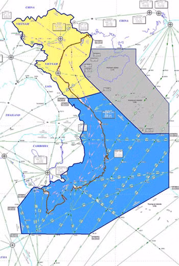 Vùng thông báo bay (FIR) Hồ Chí Minh (màu xanh), ảnh: Báo Công an Nhân dân.
