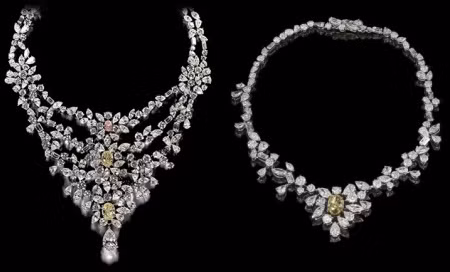 Được đánh giá là loại ấn tượng nhất trong danh sách, dây chuyền DeBeers Marie Antoinette có mặt chính là một viên kim cương hình quả lê nặng 8,05 carat, bên trên là cặp kim cương màu vàng trọng lượng 7,06 carat và 5,24 carat xếp hàng ngay ngắn. Cuối cùng là viên kim cương hồng 1,84 carat làm điểm nhấn phụ, nâng tổng trọng lượng toàn bộ nữ trang lên 181,1 carat. DeBeers Marie Antoinette lấy cảm hứng từ một nữ nhân vật quý tộc trong lịch sử Pháp, hiện nay giá trị dây chuyền khoảng 3,7 triệu USD. Ảnh: World Most Expensive