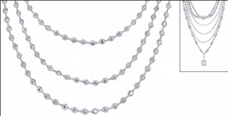 Neil Lane được hình thành từ 6 vòng dây xếp theo thứ tự và độ dài tỷ lệ, tổng thể trọng lượng nặng 140 carat, bao gồm kim cương hình quả lê và giọt lệ xếp xen kẽ. Lõi dây chuyền làm từ bạch kim tinh khiết dát mỏng, nâng độ sang trọng và tổng giá trị trang sức lên 4 triệu USD. Ảnh: World Most Expensive