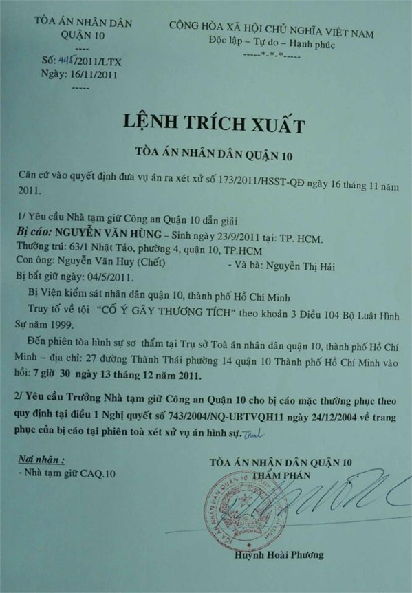 Lệnh trích xuất "vô đối" của TAND quận 10 - TP.HCM Lệnh trích xuất "vô đối" của TAND quận 10 - TP.HCM
