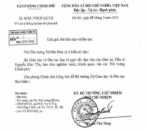 Phó thủ tướng Vũ Đức Đam đã chỉ đạo Bộ Giáo dục và Đào tạo làm rõ nghi vấn Giáo sư Nguyễn Đức Tồn đạo văn, ảnh: Báo Dân Việt / VCCI.