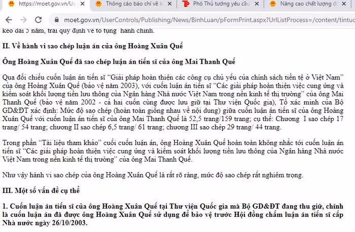 Ảnh chụp màn hình một phần nội dung Thông cáo báo chí ngày 15/12/2018 của Bộ Giáo dục và Đào tạo sau khi Tòa án nhân dân thành phố Hà Nội tuyên Bộ thua kiện.