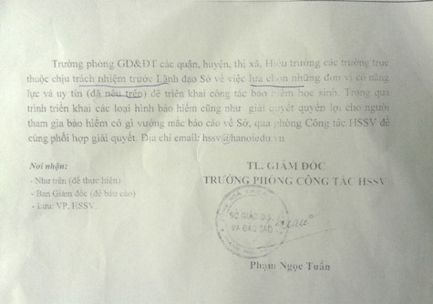 Chỉ đạo "khoanh vùng" công ty bảo hiểm phải mua của Sở Giáo dục Đào tạo Hà Nội. Chỉ đạo "khoanh vùng" công ty bảo hiểm phải mua của Sở Giáo dục Đào tạo Hà Nội.