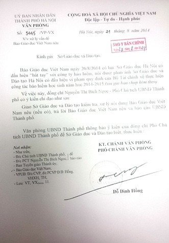 UBND TP.Hà Nội yêu cầu Sở Giáo dục và Đào tạo Hà Nội báo cáo và trả lời Báo Giáo dục Việt Nam.